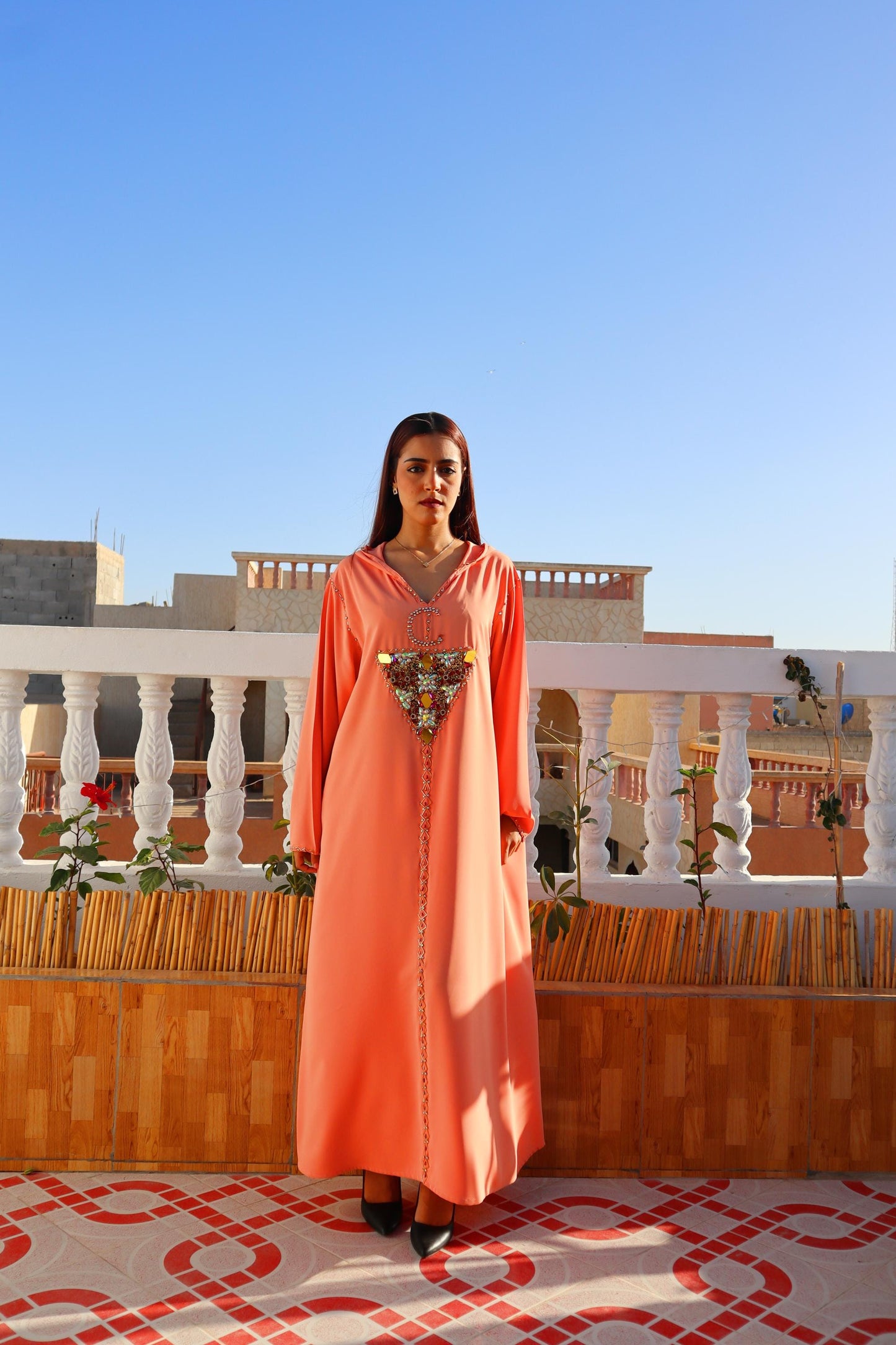 Beautiful Peach Amazigh Kaftan Dress, Luxury Kaftan, Women'S Kaftan Dress with Head Cover, Moroccan and African Style Abaya