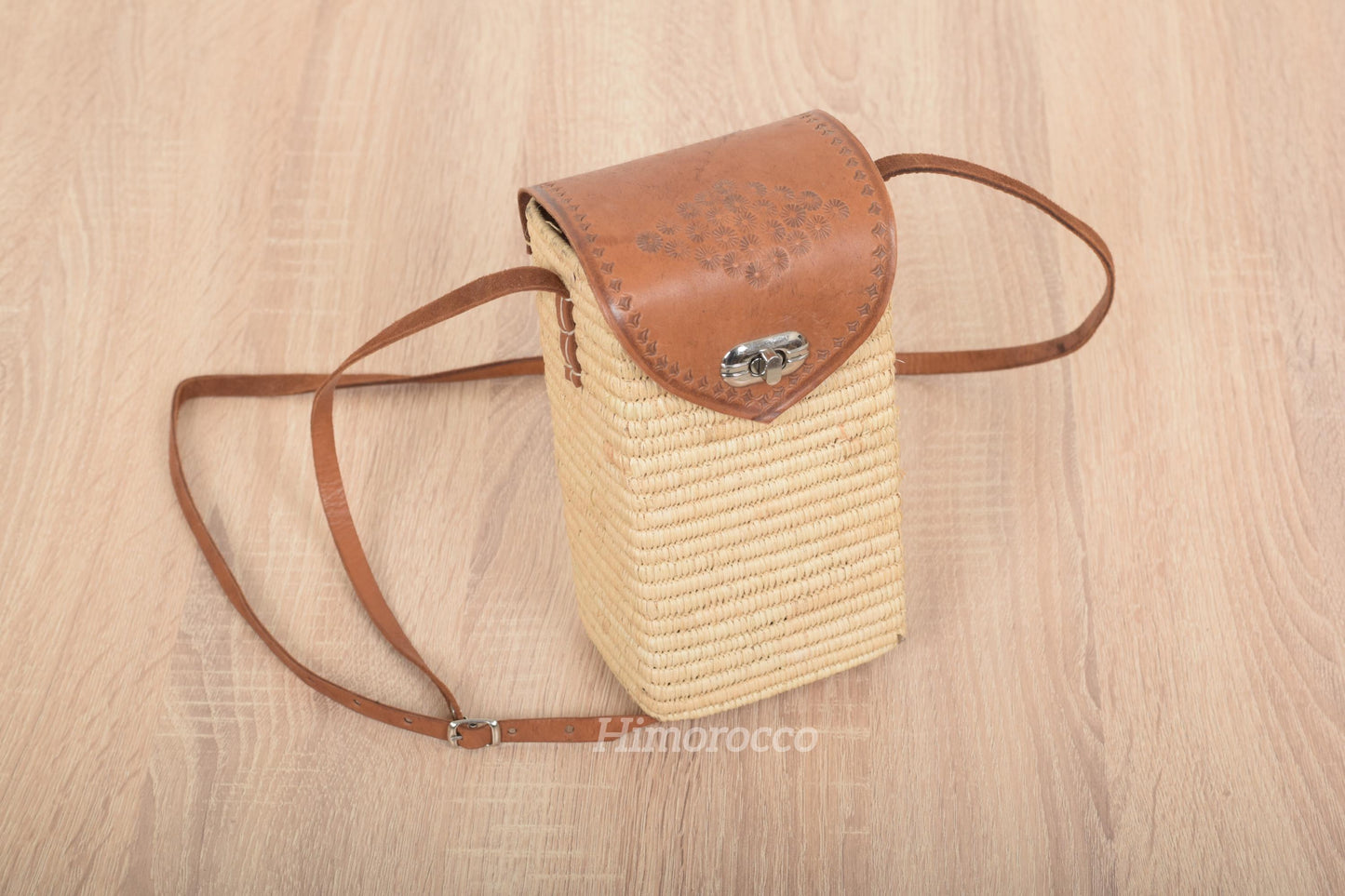 Woven Straw Bag with Leather Strap - Straw Crossbody Bag