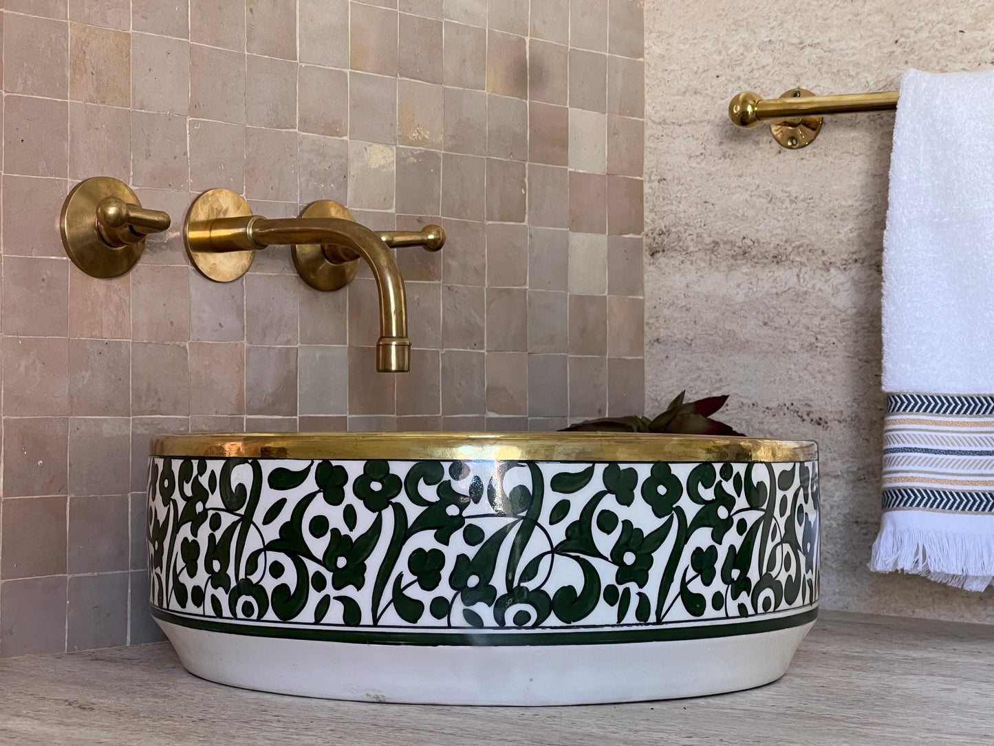 Antique Sink with Brass Rim Edge, Vessel Sink, Sink Bowl, Green Ceramic Basin, Hand Wash Basin, Free Gift INCLUDED