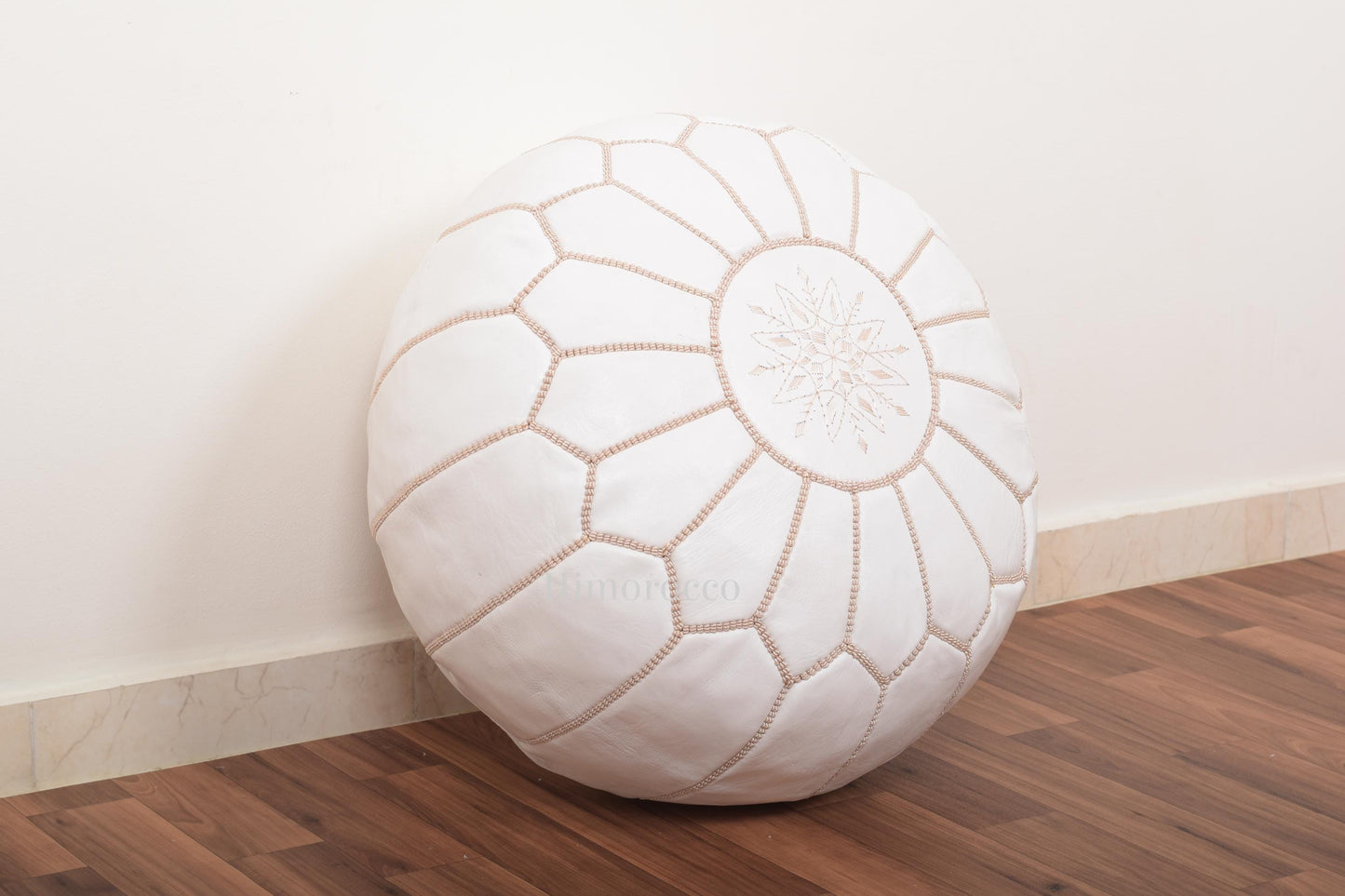 White Moroccan Leather Pouf with Multi Stitches, Ottoman Pouf