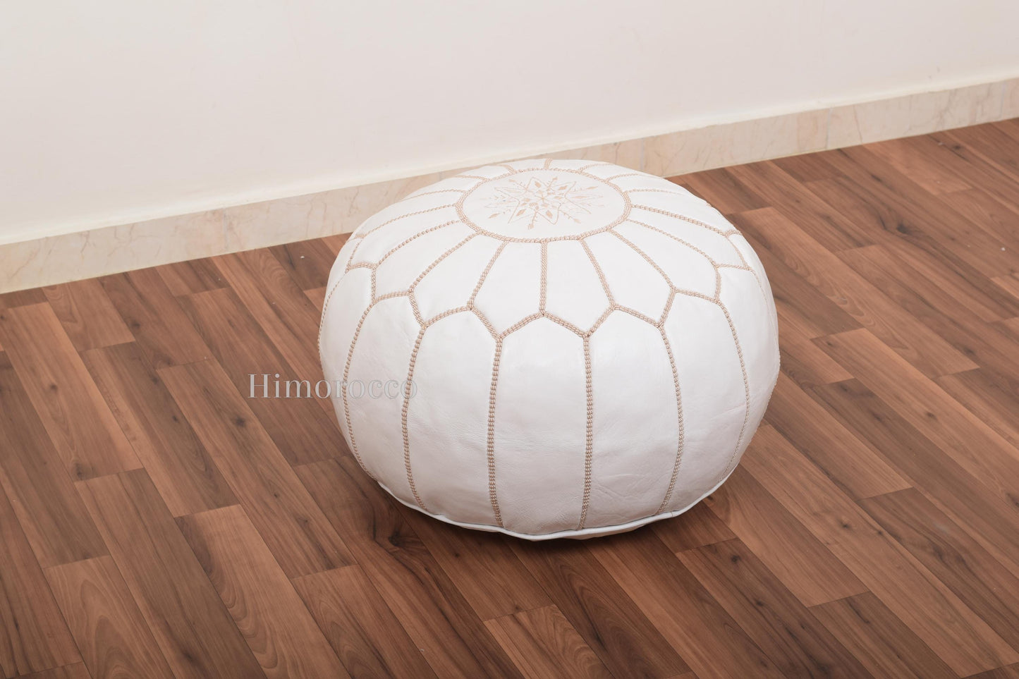 White Moroccan Leather Pouf with Multi Stitches, Ottoman Pouf