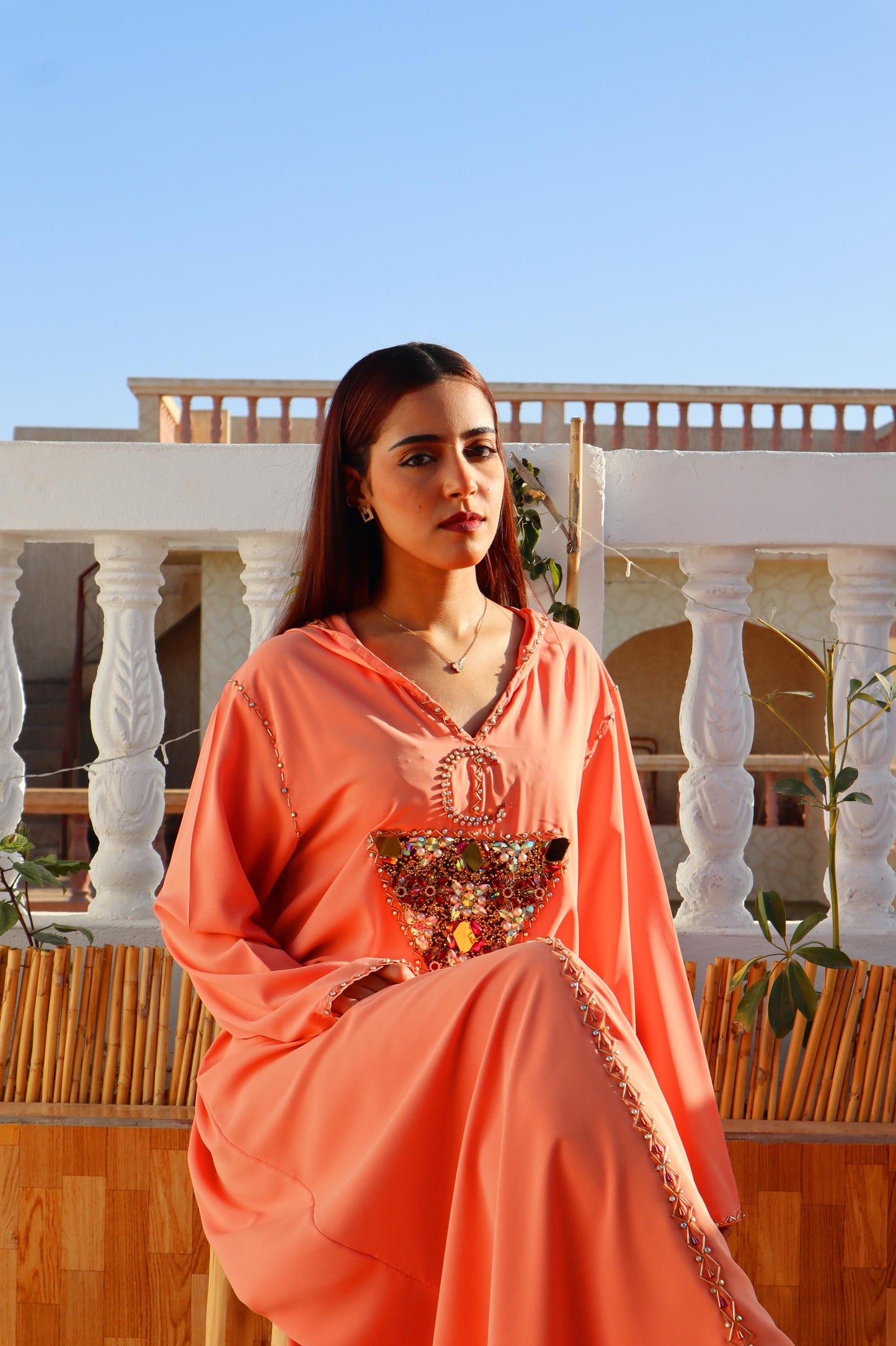 Beautiful Peach Amazigh Kaftan Dress, Luxury Kaftan, Women'S Kaftan Dress with Head Cover, Moroccan and African Style Abaya