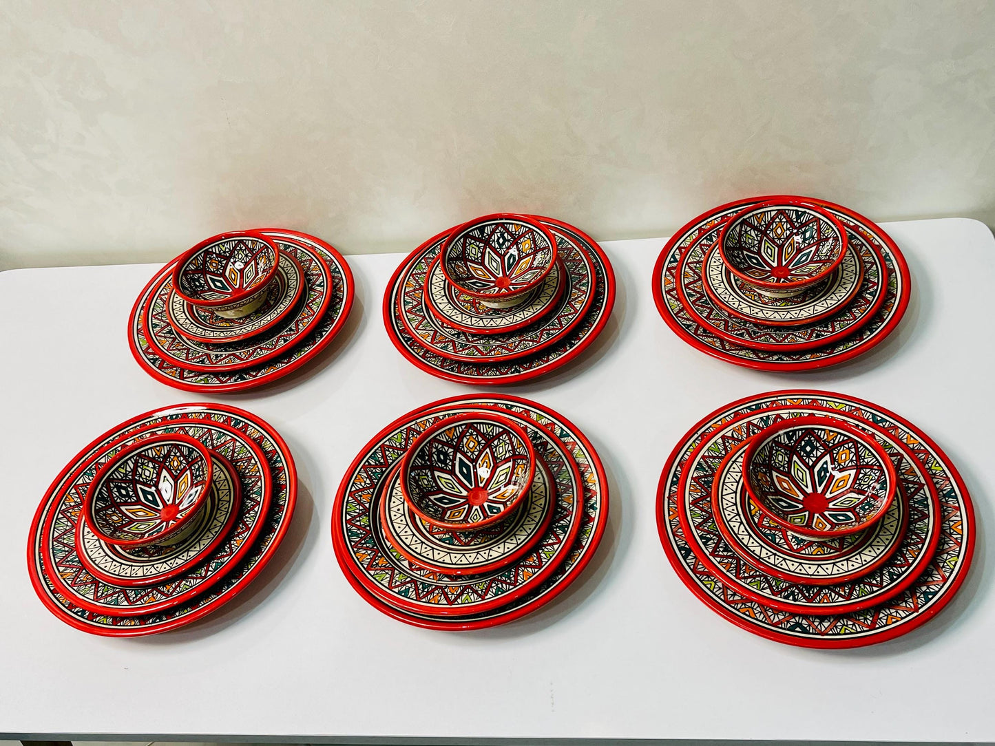 Authentic Moroccan Hand Painted Ceramic Dinnerware Set, Red Handmade Serving Set, Tableware Collection, Dinnerware Set