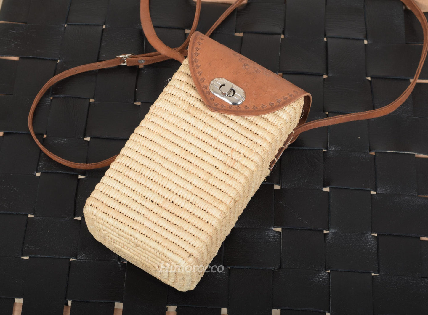 Woven Straw Bag with Leather Strap - Straw Crossbody Bag