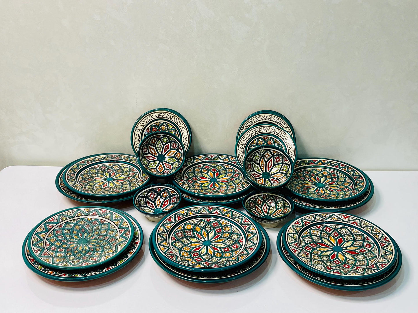 Authentic Moroccan Hand Painted Ceramic Dinnerware Set, Green Handmade Serving Set, Tableware Collection, Dinnerware Set