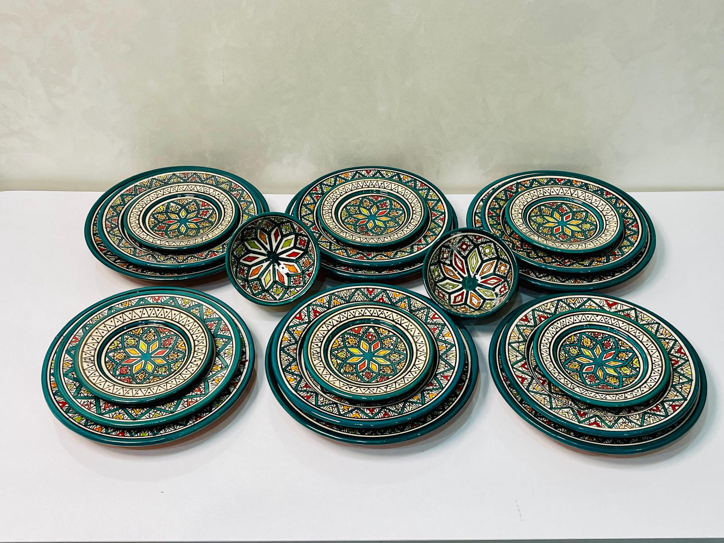 Authentic Moroccan Hand Painted Ceramic Dinnerware Set, Green Handmade Serving Set, Tableware Collection, Dinnerware Set