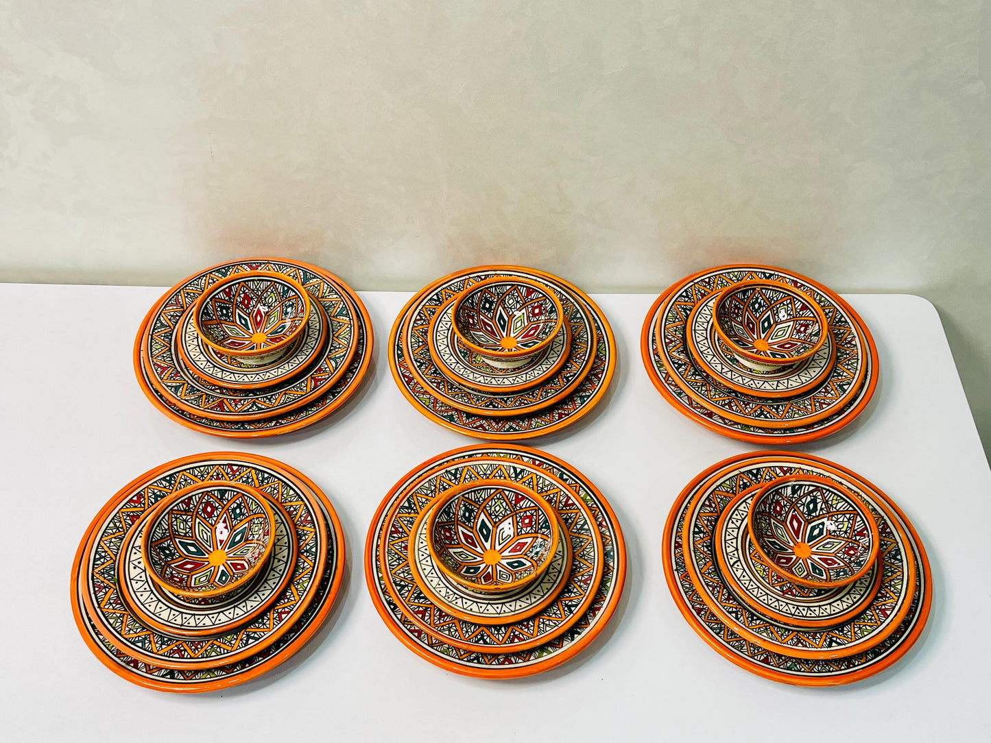 Authentic Moroccan Hand Painted Ceramic Dinnerware Set, Orange Handmade Serving Set, Tableware Collection, Dinnerware Set