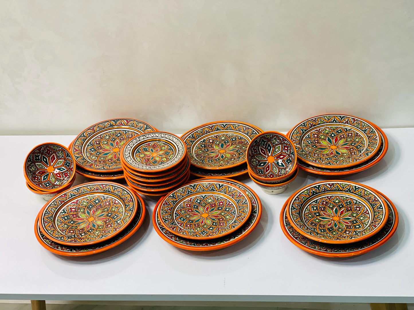 Authentic Moroccan Hand Painted Ceramic Dinnerware Set, Orange Handmade Serving Set, Tableware Collection, Dinnerware Set
