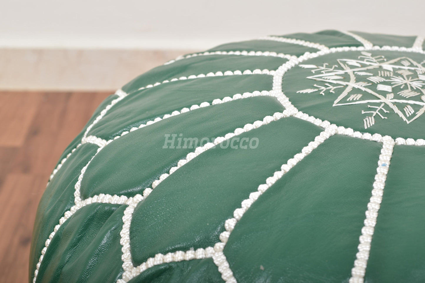 Green Leather Pouf with White Stitching , Green Moroccan Pouf, Luxury Ottomans Footstools, Leather Pouf, Handmade Poof