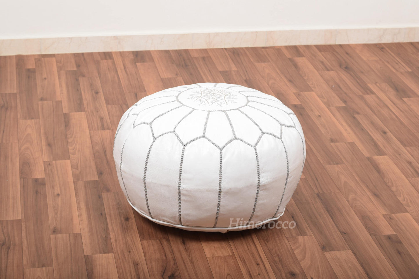 White Moroccan Leather Pouf with Multi Stitches, Ottoman Pouf