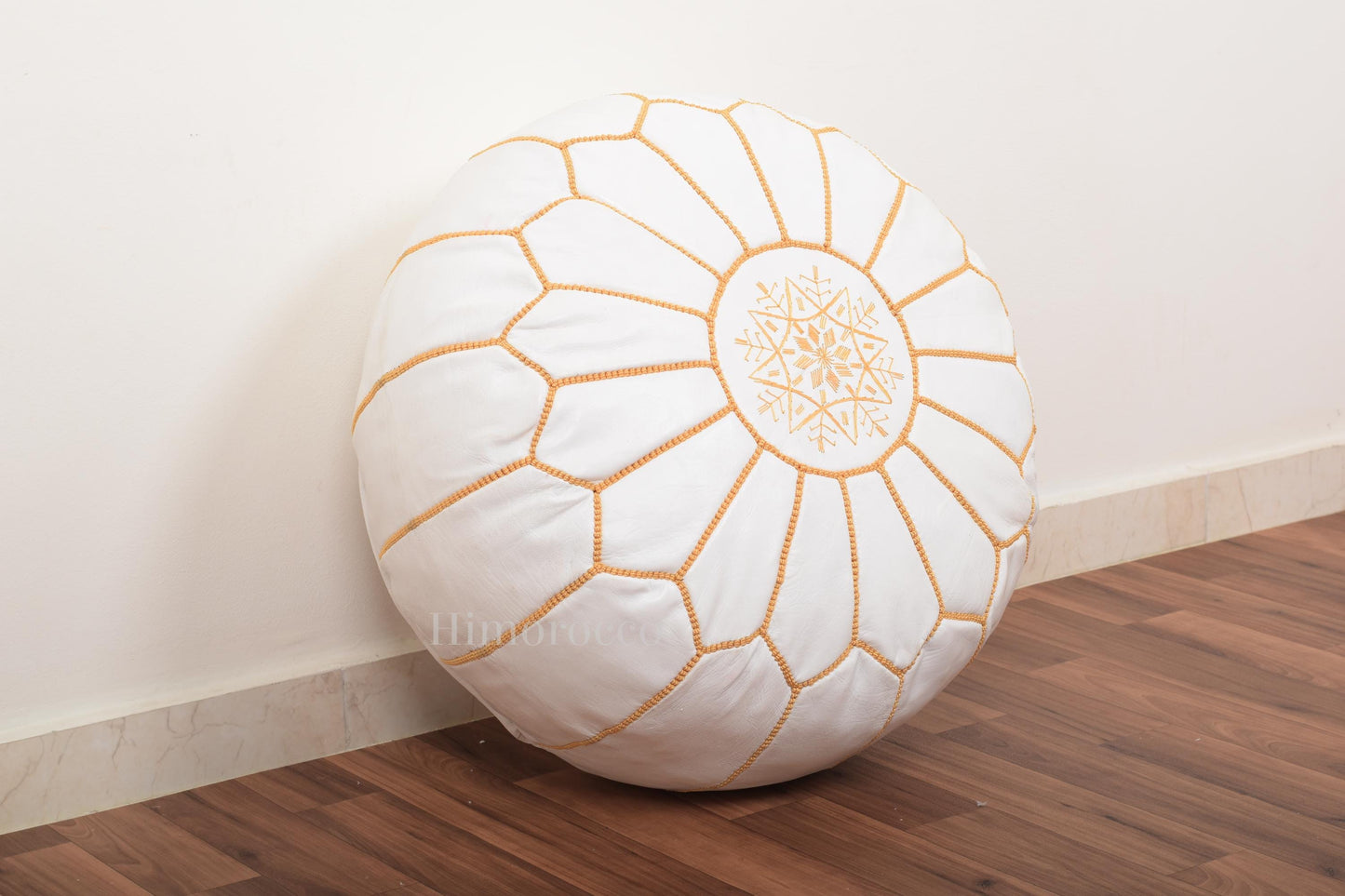 White Moroccan Leather Pouf with Multi Stitches, Ottoman Pouf