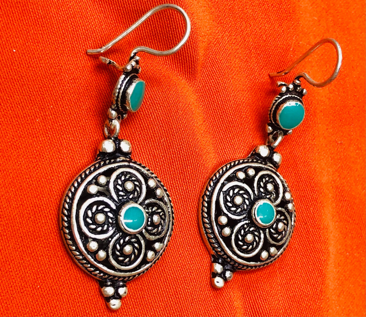 Handmade Berber Silver Earrings, Turquoise Stone, Authentic Traditional Design