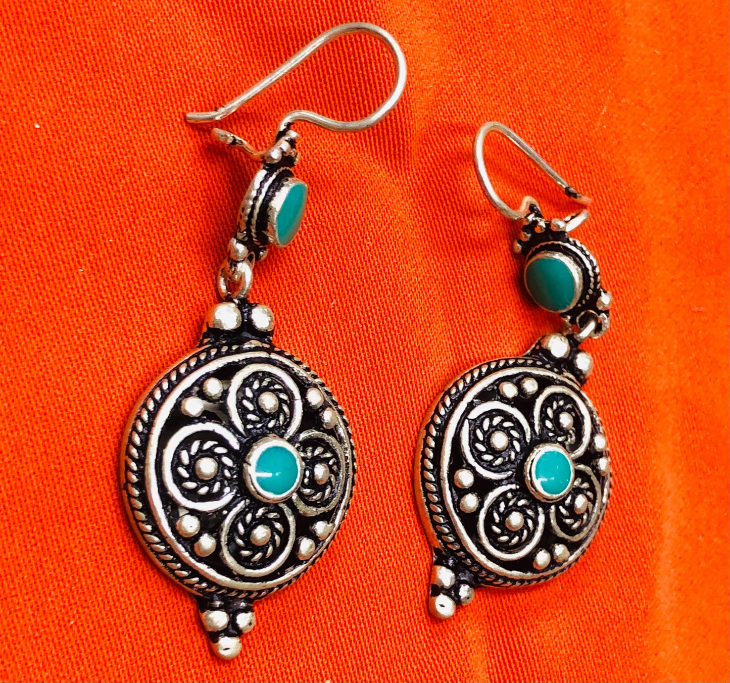 Handmade Berber Silver Earrings, Turquoise Stone, Authentic Traditional Design