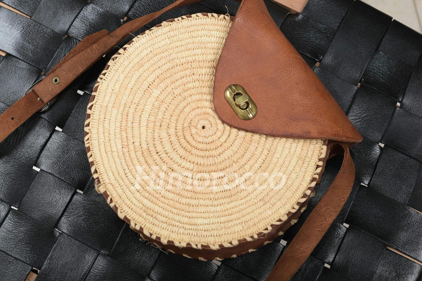 Round Woven Raffia Bag with Leather - Boho Crossbody Bag with Adjustable Strape