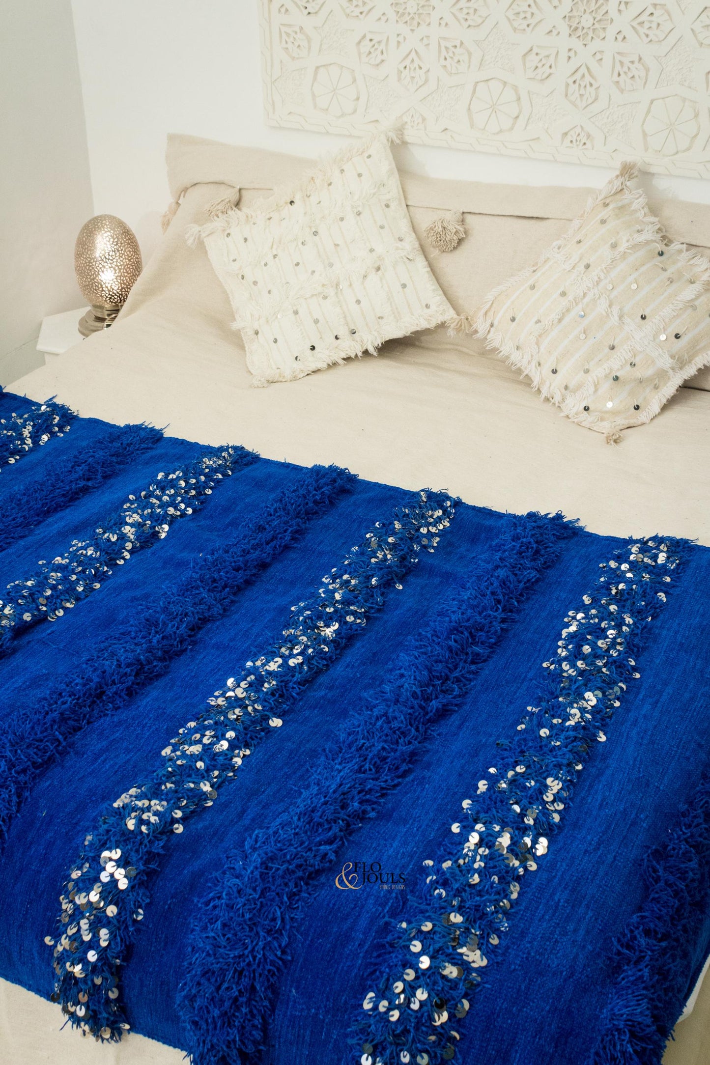 Handira Wedding Blanket | Moroccan Handmade Luxury Throw, Handira Blue Majorelle with Sequins, Berber Rugs, Carpet, Woven Bed Throw Blanket