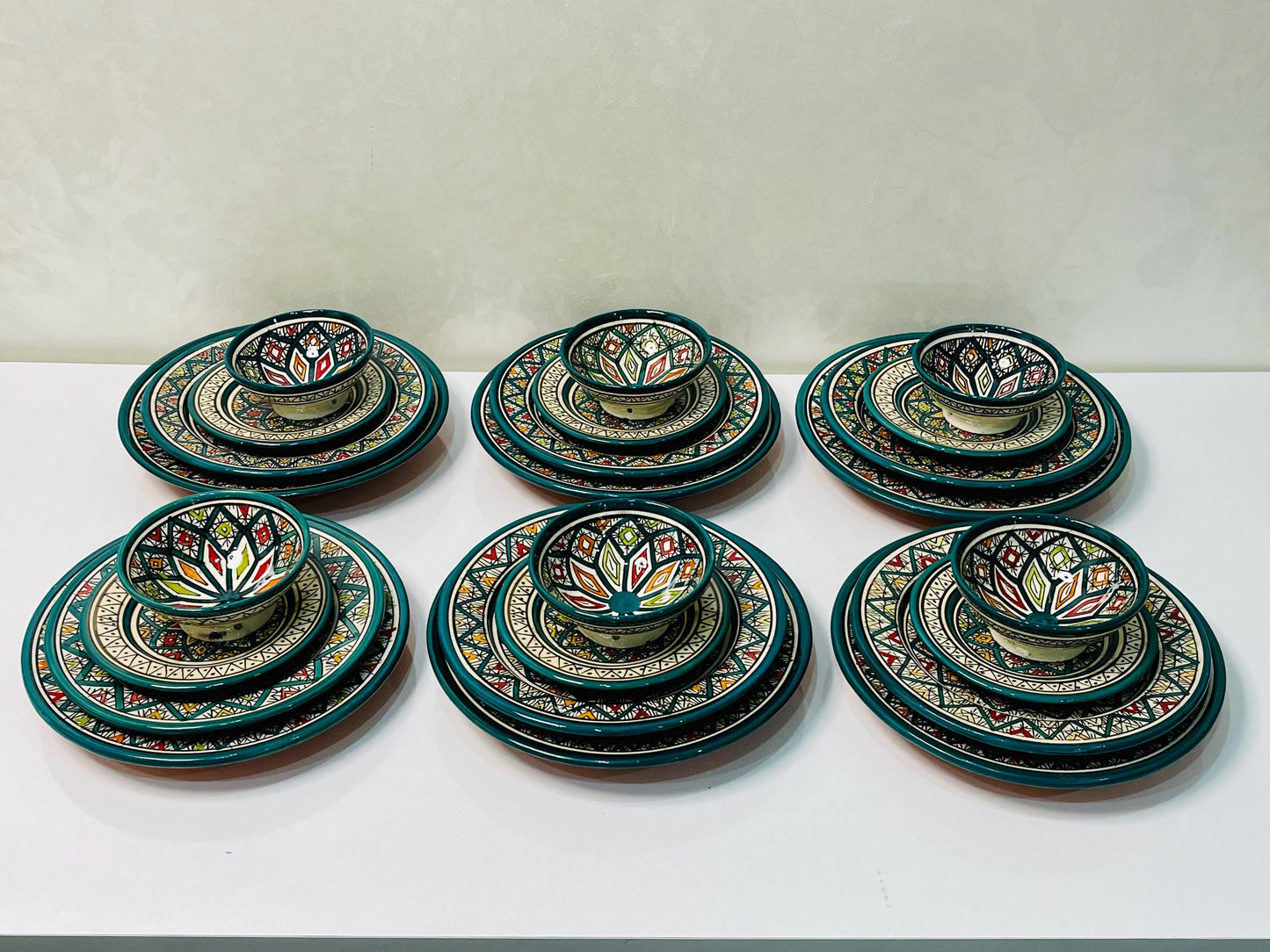Authentic Moroccan Hand Painted Ceramic Dinnerware Set, Green Handmade Serving Set, Tableware Collection, Dinnerware Set