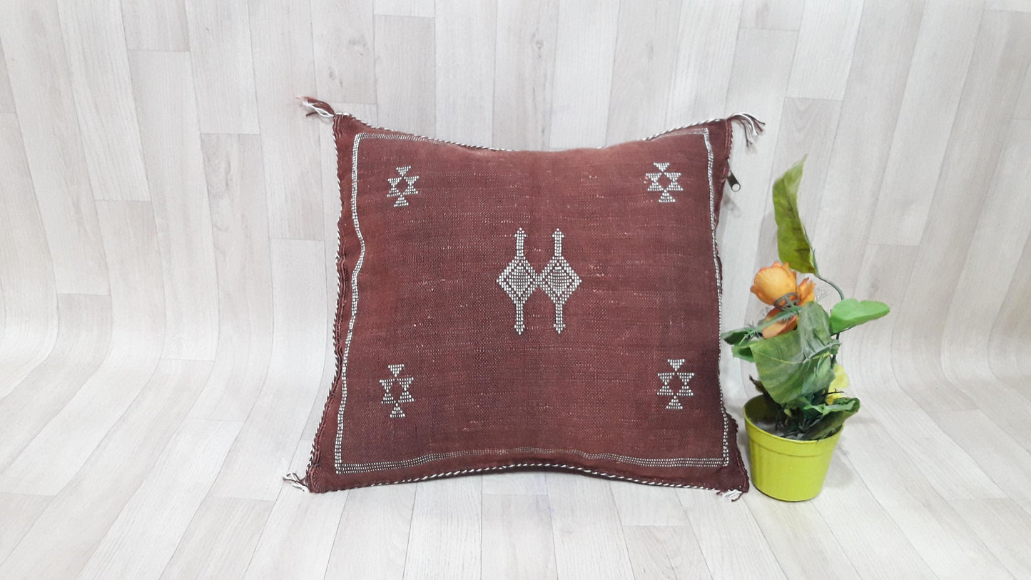Bordeaux Cactus Silk Pillow Cover, Moroccan Boho Throw Pillow , Hand Woven Berber Pillow, Decorative Sabra Cactus Silk Cushion Cover