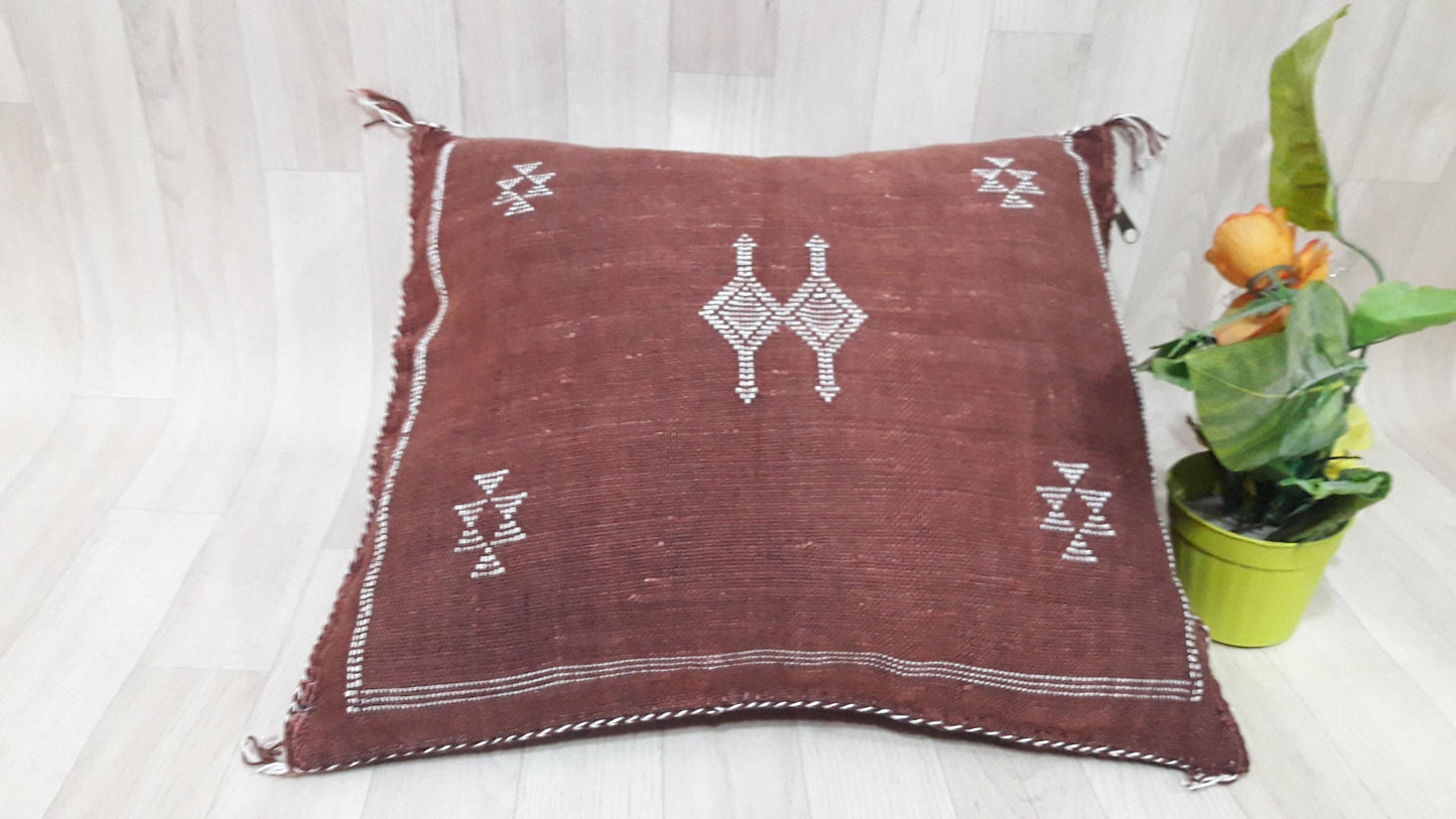 Bordeaux Cactus Silk Pillow Cover, Moroccan Boho Throw Pillow , Hand Woven Berber Pillow, Decorative Sabra Cactus Silk Cushion Cover