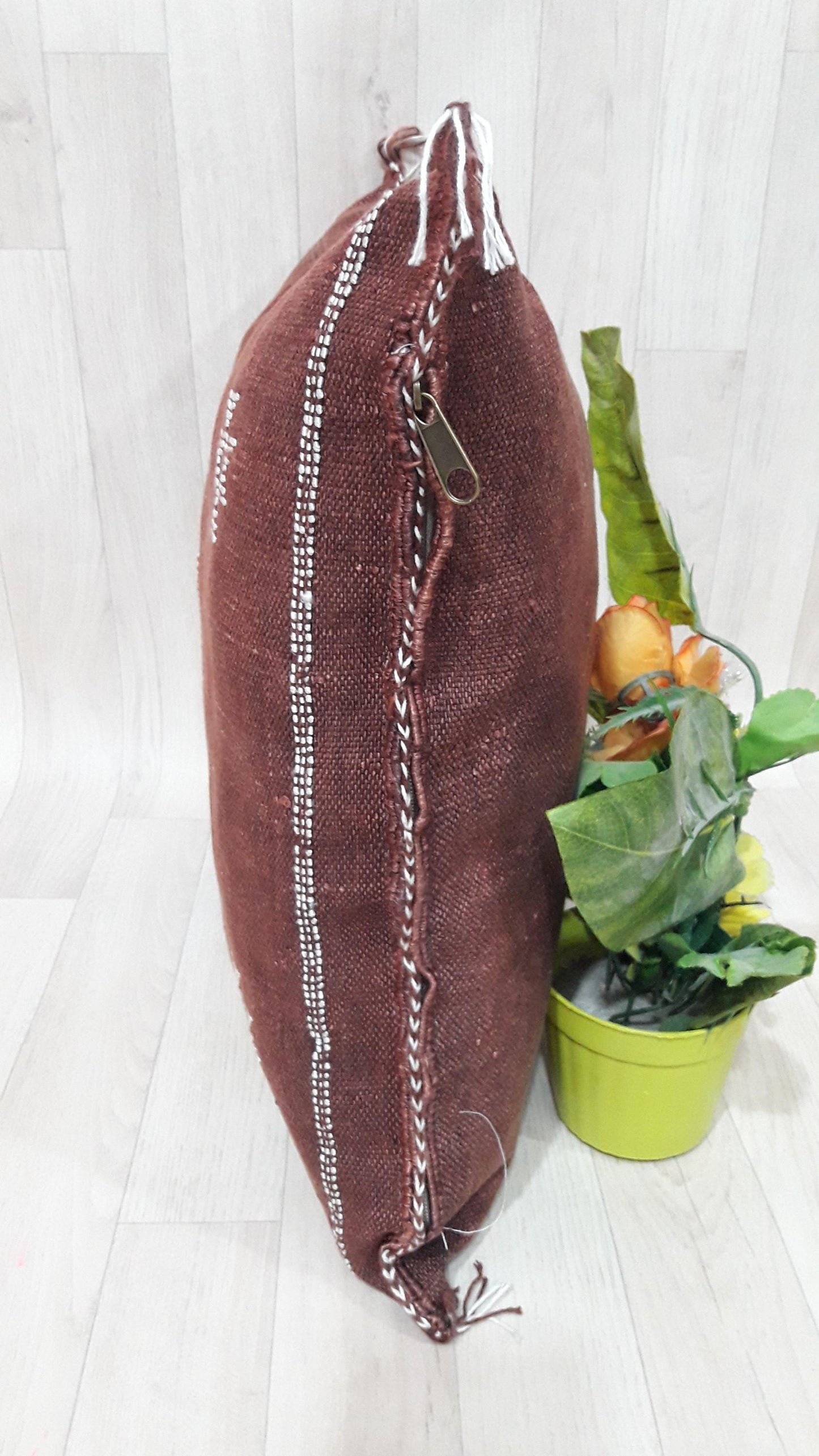 Bordeaux Cactus Silk Pillow Cover, Moroccan Boho Throw Pillow , Hand Woven Berber Pillow, Decorative Sabra Cactus Silk Cushion Cover