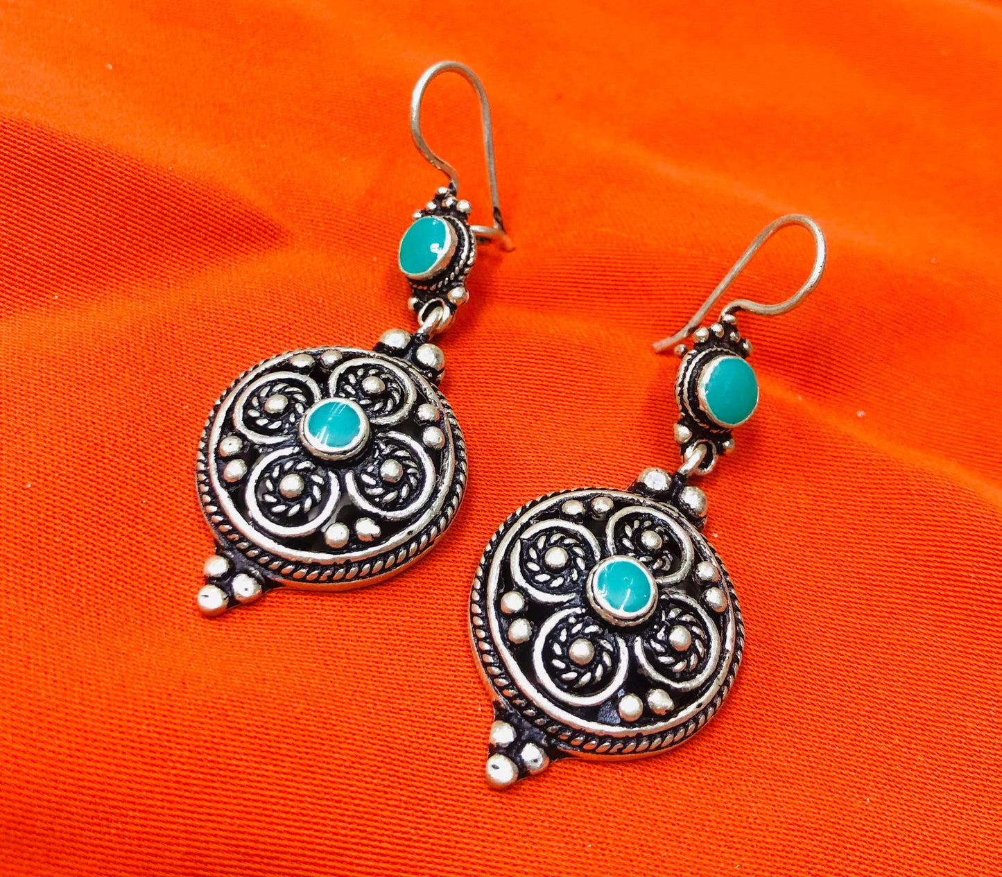 Handmade Berber Silver Earrings, Turquoise Stone, Authentic Traditional Design