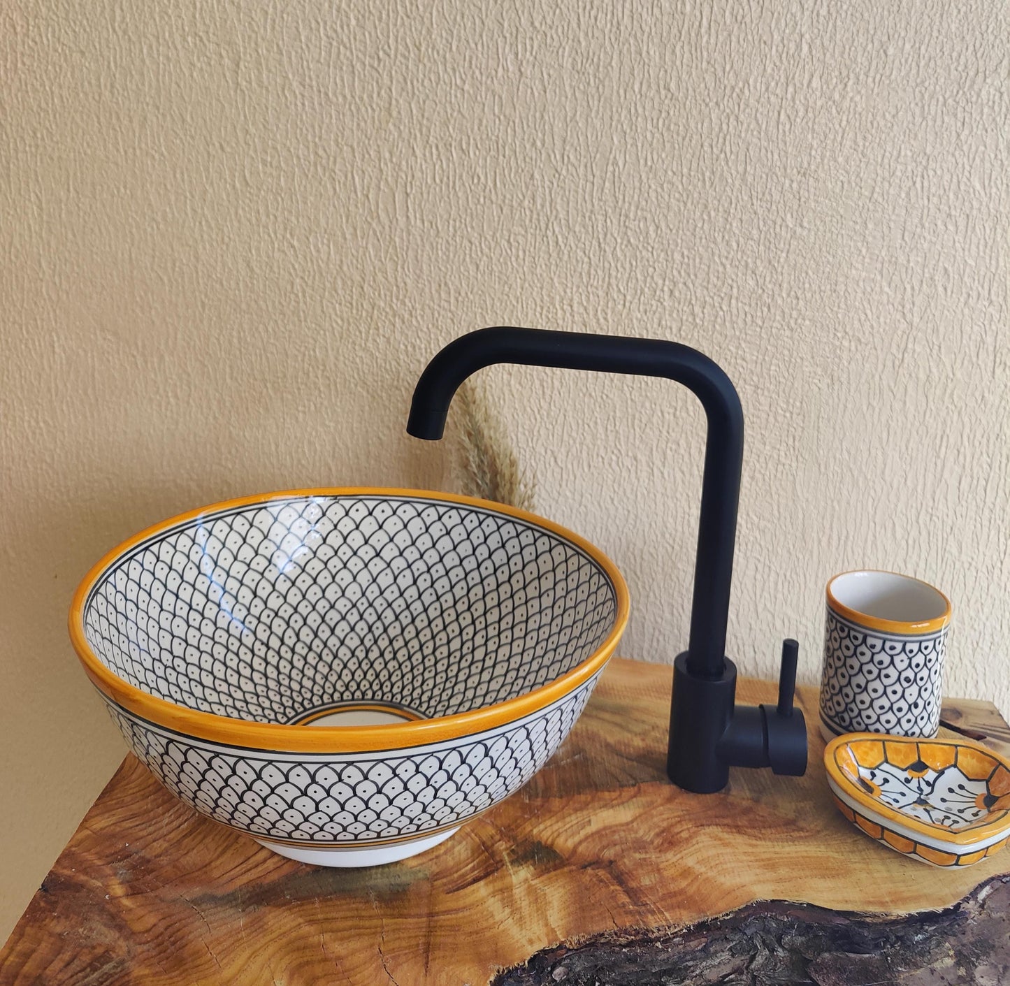 White, Orange and Black Handmade Ceramic Sink - FREE Brass Faucet & More Gifts- Bathroom Washbasin Vanity Centerpiece for Eco-Friendly Decor