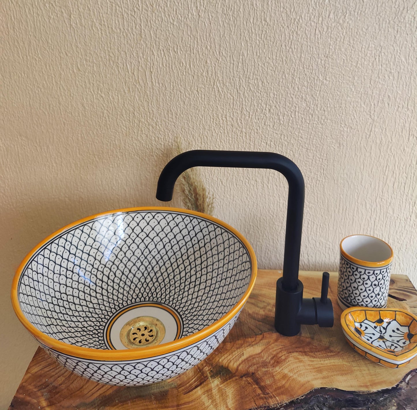 White, Orange and Black Handmade Ceramic Sink - FREE Brass Faucet & More Gifts- Bathroom Washbasin Vanity Centerpiece for Eco-Friendly Decor