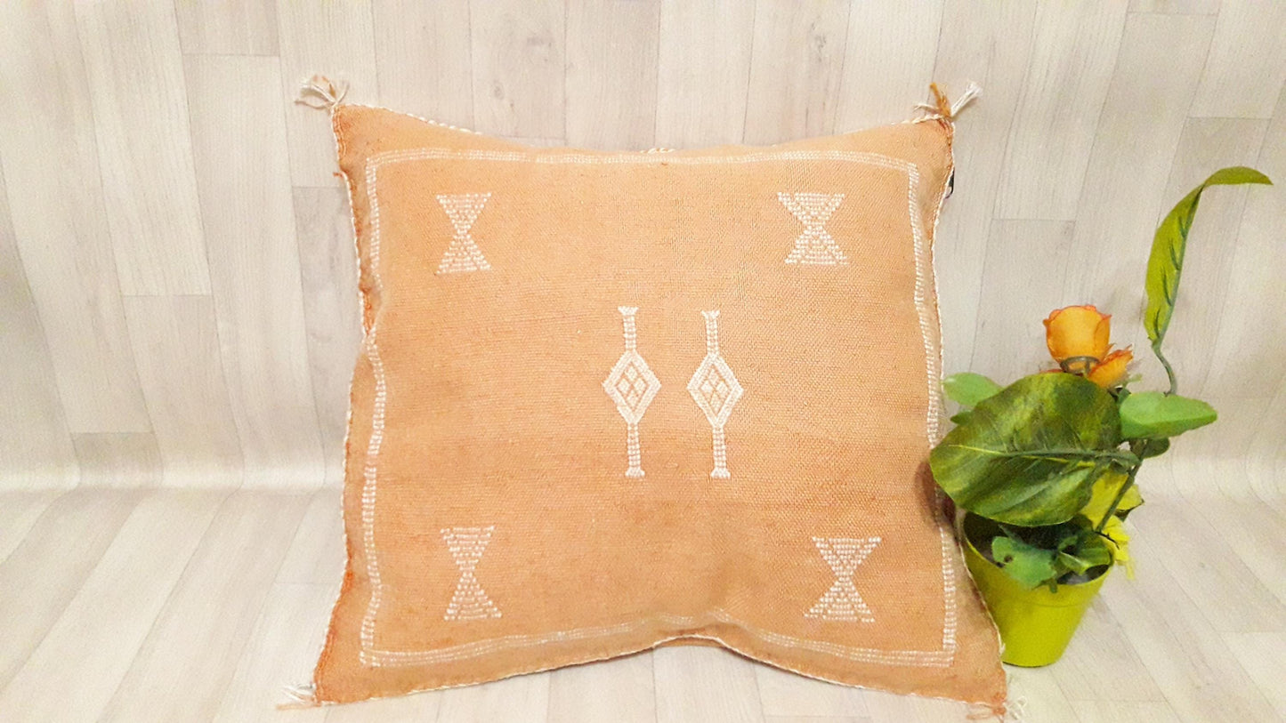 Pillow-Cactus Silk Cushion Cover - Light Orange Sabra Pillow - Handmade Morocco Cushion-Large Pillow-Cactus Silk Pillow-Decorative Pillow
