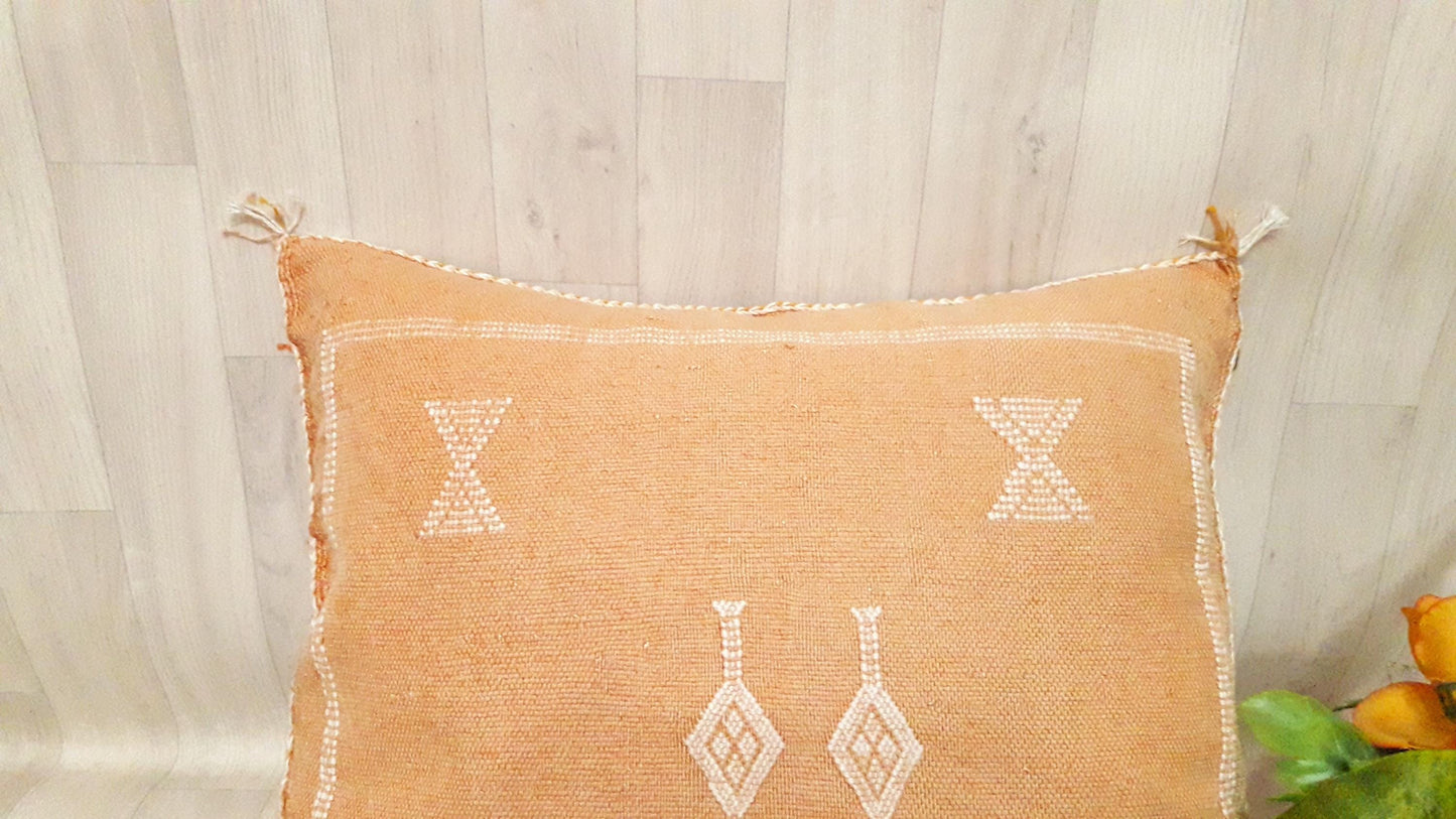 Pillow-Cactus Silk Cushion Cover - Light Orange Sabra Pillow - Handmade Morocco Cushion-Large Pillow-Cactus Silk Pillow-Decorative Pillow