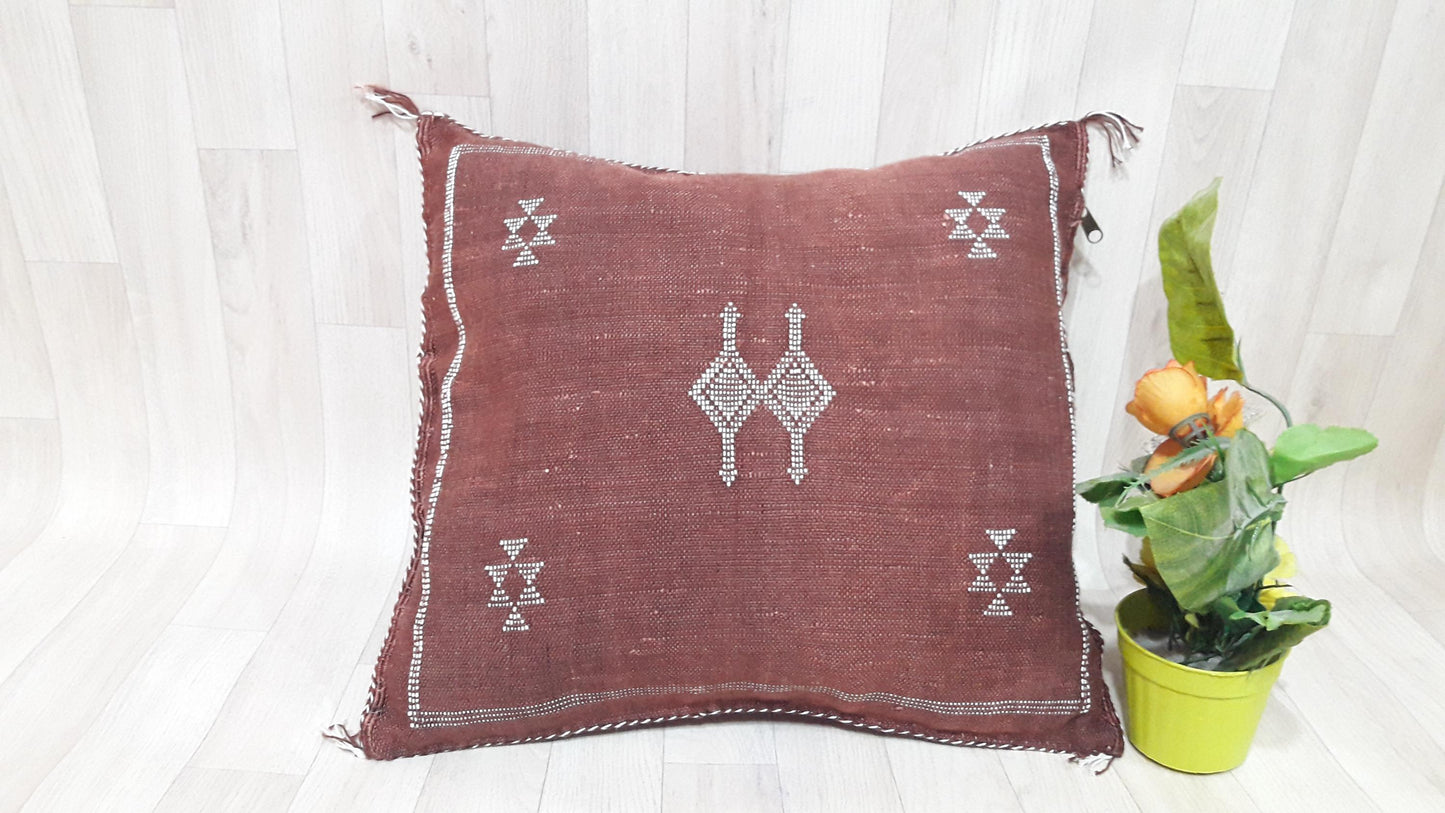 Bordeaux Cactus Silk Pillow Cover, Moroccan Boho Throw Pillow , Hand Woven Berber Pillow, Decorative Sabra Cactus Silk Cushion Cover