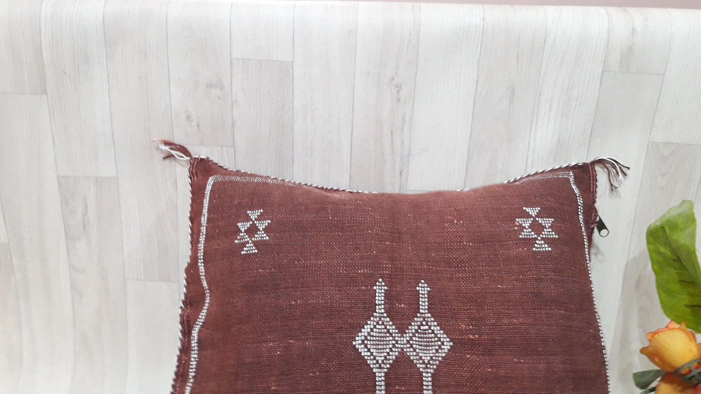 Bordeaux Cactus Silk Pillow Cover, Moroccan Boho Throw Pillow , Hand Woven Berber Pillow, Decorative Sabra Cactus Silk Cushion Cover