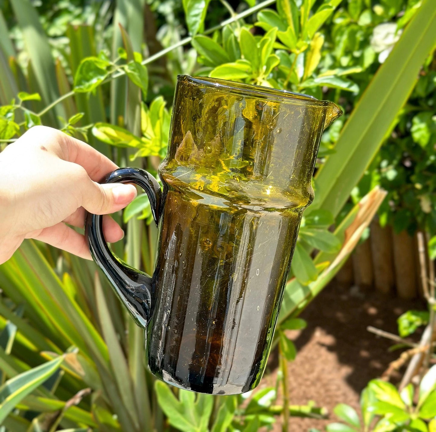 Handblown Moroccan Recycled Glass Pitcher & Cup Set – Amber Green Water Jug Tumblers – Eco-Friendly Glassware – Handmade Drinkware Gift