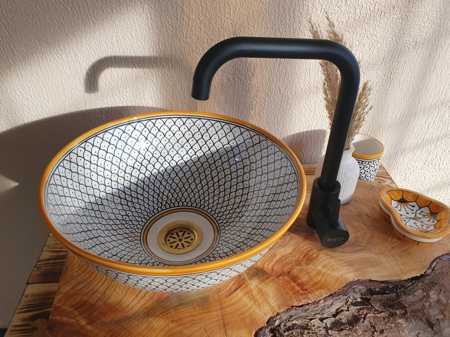White, Orange and Black Handmade Ceramic Sink - FREE Brass Faucet & More Gifts- Bathroom Washbasin Vanity Centerpiece for Eco-Friendly Decor
