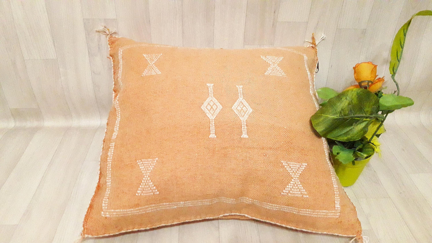 Pillow-Cactus Silk Cushion Cover - Light Orange Sabra Pillow - Handmade Morocco Cushion-Large Pillow-Cactus Silk Pillow-Decorative Pillow