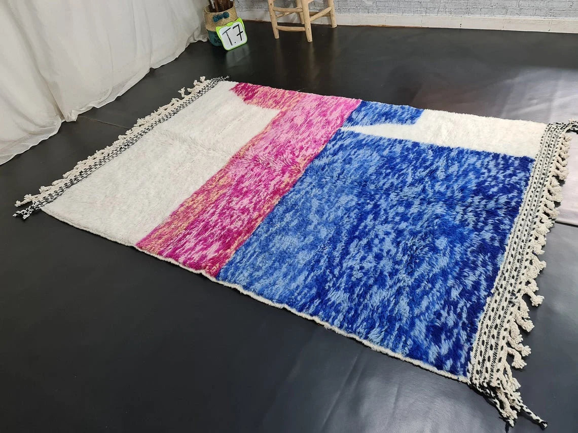 BENI OURAIN RUG, Fluffy Moroccan Rug, Handmade Custom Rug, Blue & Pink Area Rug, Beautiful Shag Beni Rug, Knotted Berber Carpet, Wool Rugs.