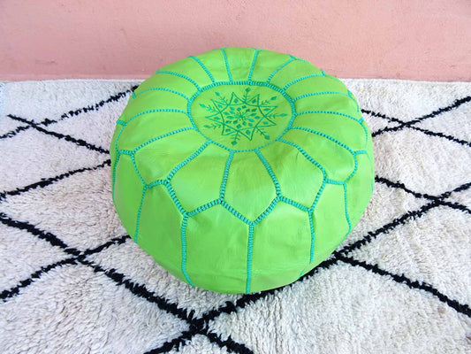 Light Kelly Green Leather Pouf with Top Embroidery, Moroccan Ottoman Poof Green Color, Luxury Kelly Green Ottoman Footstools.