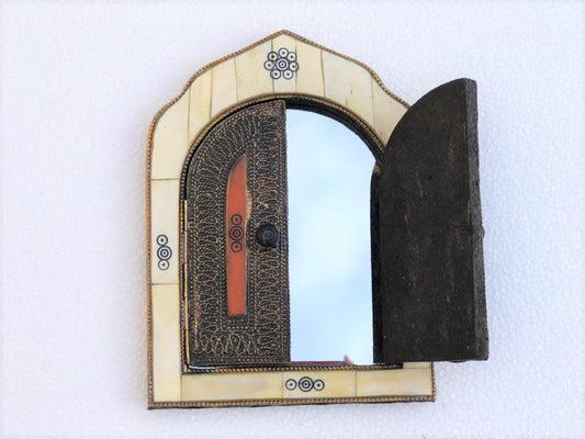 Small Handmade Moroccan Bone Mirror with Small Decorative Doors - Warm-Toned Frame