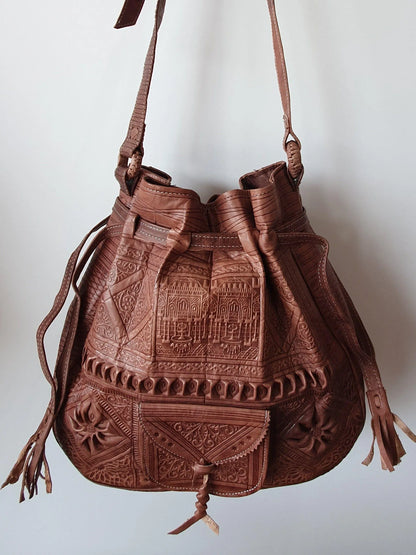 Moroccan Leather Drawstring Bag, Leather Drawstring Bag, Leather Handwork Bucket Bag, Women Wanderlust Bag, Handmade Engraved Leather Bag