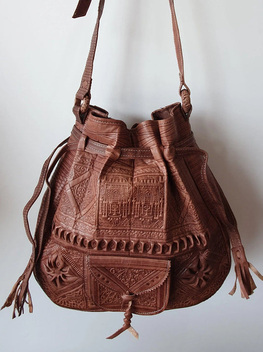 Moroccan Leather Drawstring Bag, Leather Drawstring Bag, Leather Handwork Bucket Bag, Women Wanderlust Bag, Handmade Engraved Leather Bag
