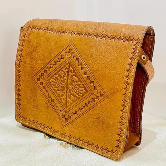 Moroccan Leather Bag, Genuine Leather Crossbody Bag, Moroccan Shoulder Bag, Women'S Leather Bag, Handmade Carved Leather Bag, Brown Bag