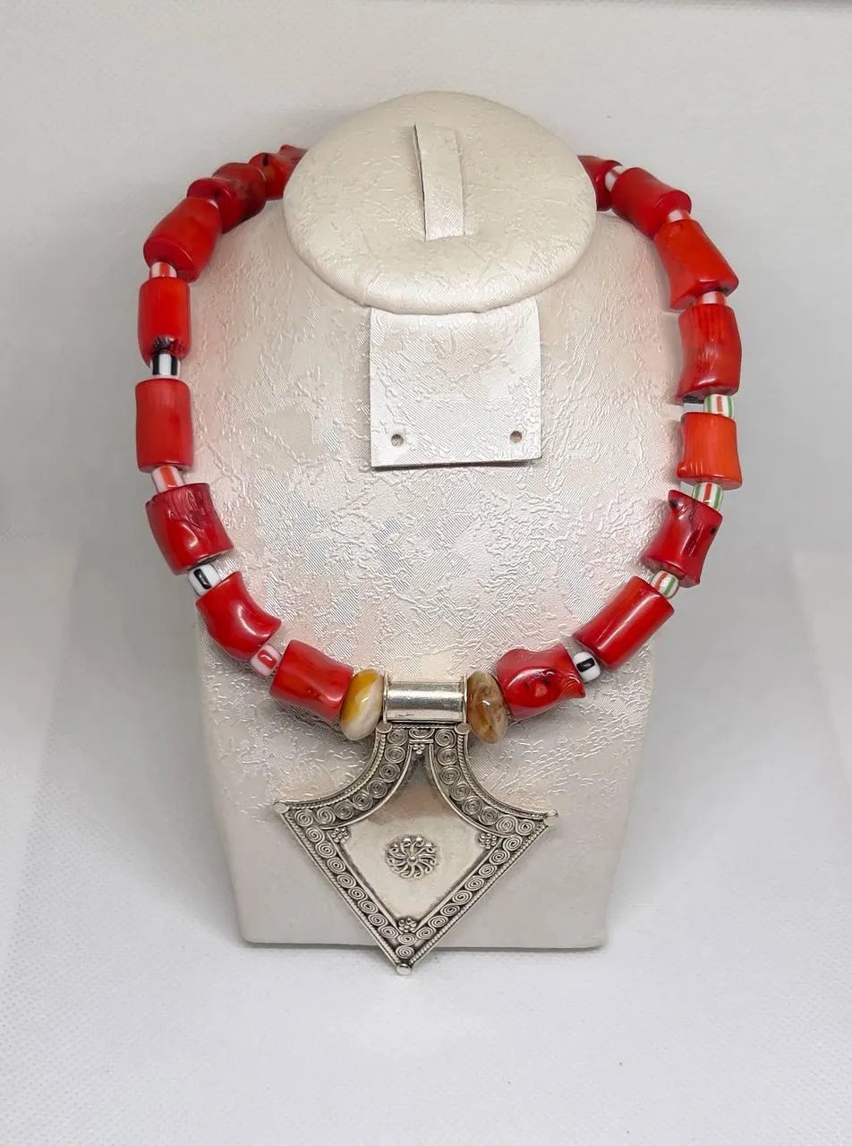 Antique Silver Berber Coral Necklace, Red Coral Beads with Vintage Tribal Pendant, Handmade African Ethnic Necklace, Gift for Her or Him