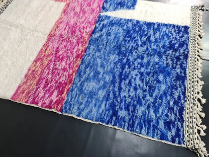 BENI OURAIN RUG, Fluffy Moroccan Rug, Handmade Custom Rug, Blue & Pink Area Rug, Beautiful Shag Beni Rug, Knotted Berber Carpet, Wool Rugs.