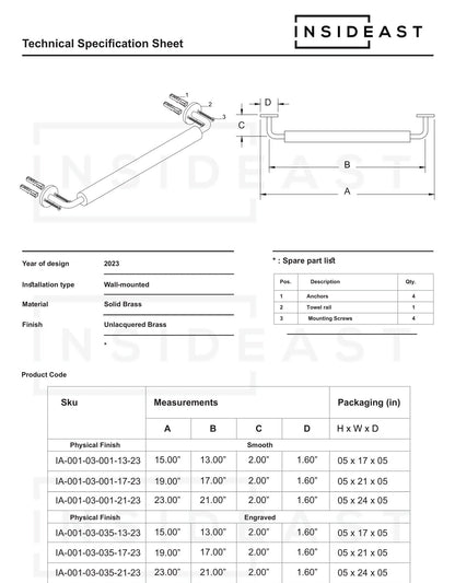 Brass Towel Rack for Bathroom, Wall Mounted Towel Bar, Towel Rod, Unlacquered Brass Towel Hanger