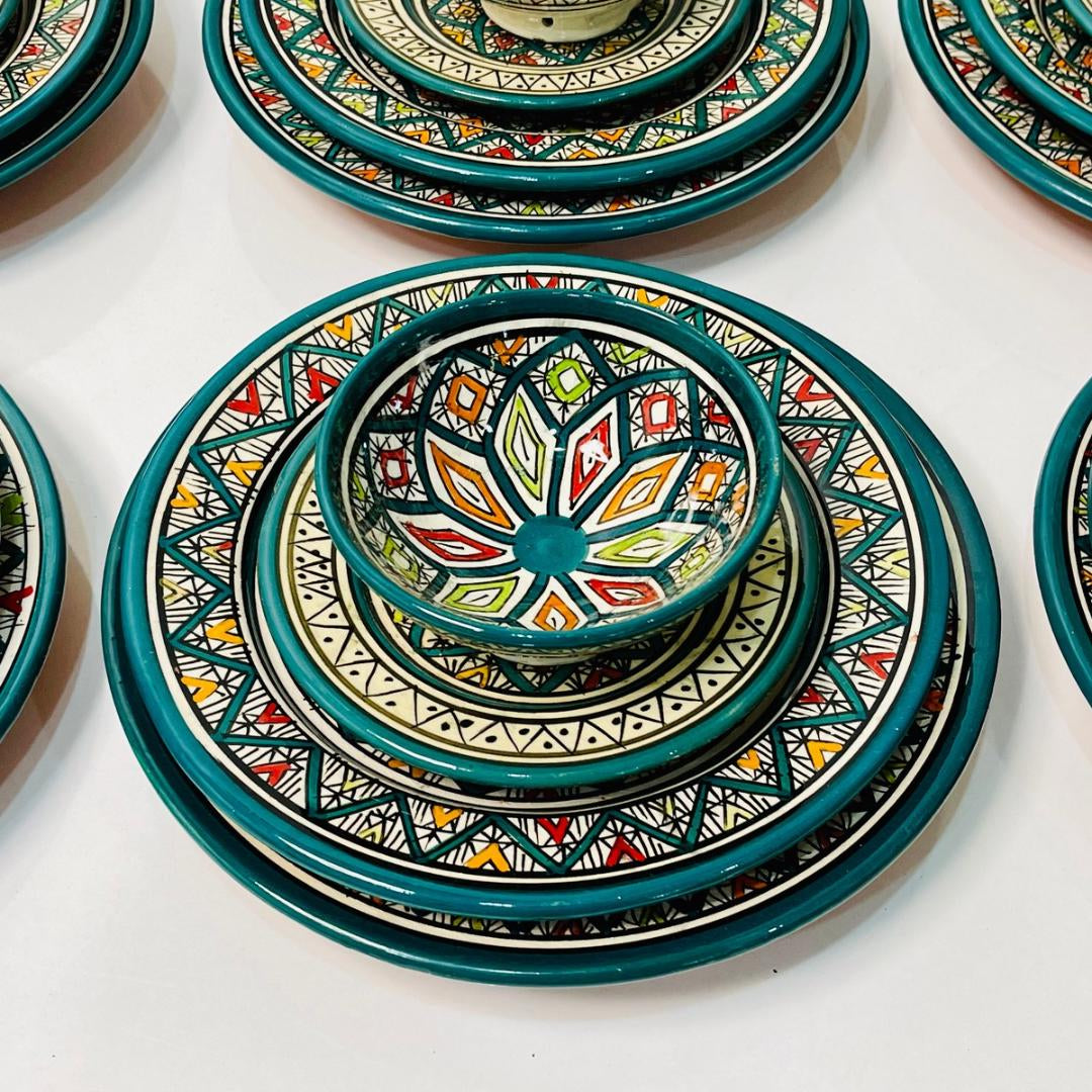 Authentic Moroccan Hand Painted Ceramic Dinnerware Set, Green Handmade Serving Set, Tableware Collection, Dinnerware Set