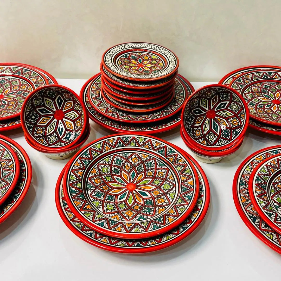 Authentic Moroccan Hand Painted Ceramic Dinnerware Set, Red Handmade Serving Set, Tableware Collection, Dinnerware Set