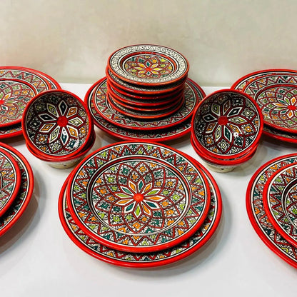 Authentic Moroccan Hand Painted Ceramic Dinnerware Set, Red Handmade Serving Set, Tableware Collection, Dinnerware Set