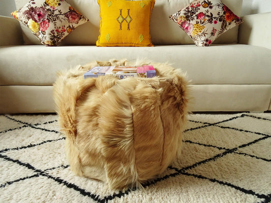 Natural Goat Fur Pouf - 100% Genuine Real Handme Genuine Leather - Ottoman Footstool Hassock