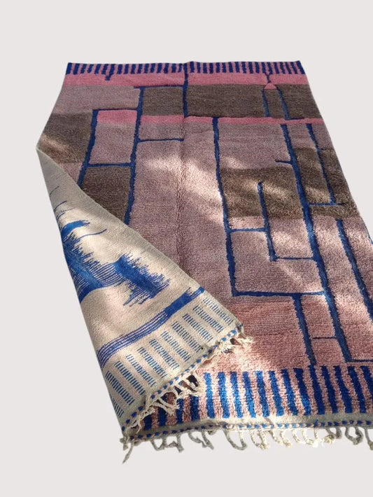 Colorful Moroccan Beni Ourain Rug | Handwoven Wool Carpet | Berber Geometric Design | Pink, Blue & Brown