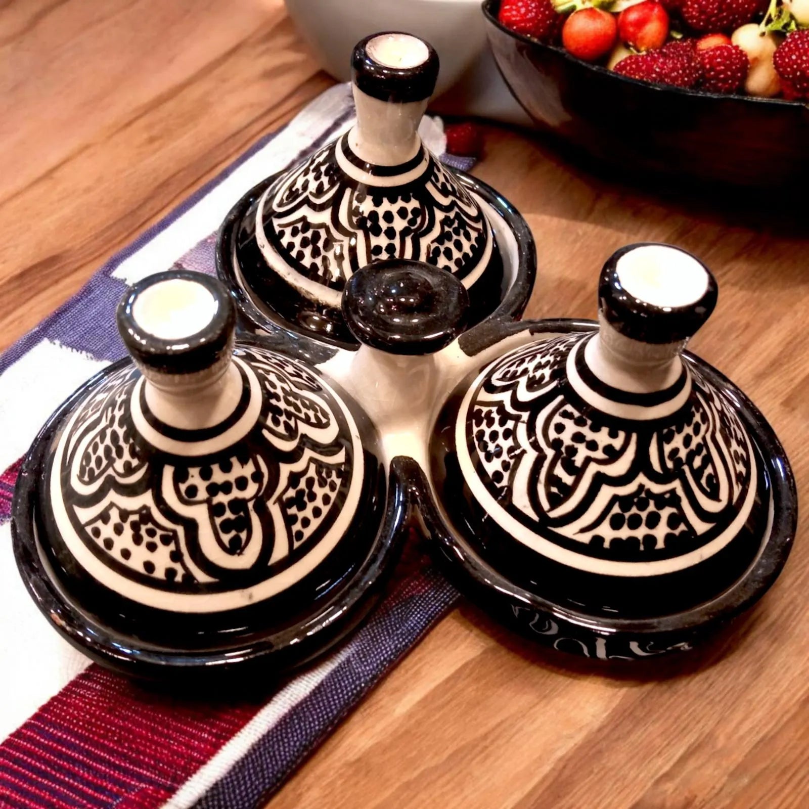 Set of 3 Handmade Moroccan Pottery Tagines for Spices and Sauces, Black Spice Jar Tagines, Small Gift Ideas