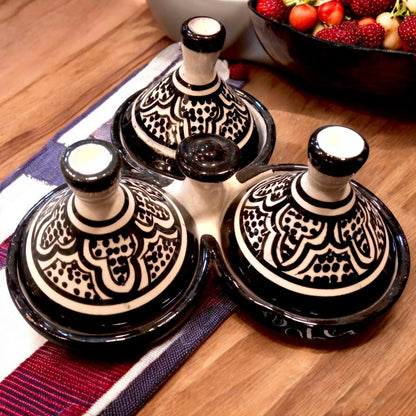 Set of 3 Handmade Moroccan Pottery Tagines for Spices and Sauces, Black Spice Jar Tagines, Small Gift Ideas