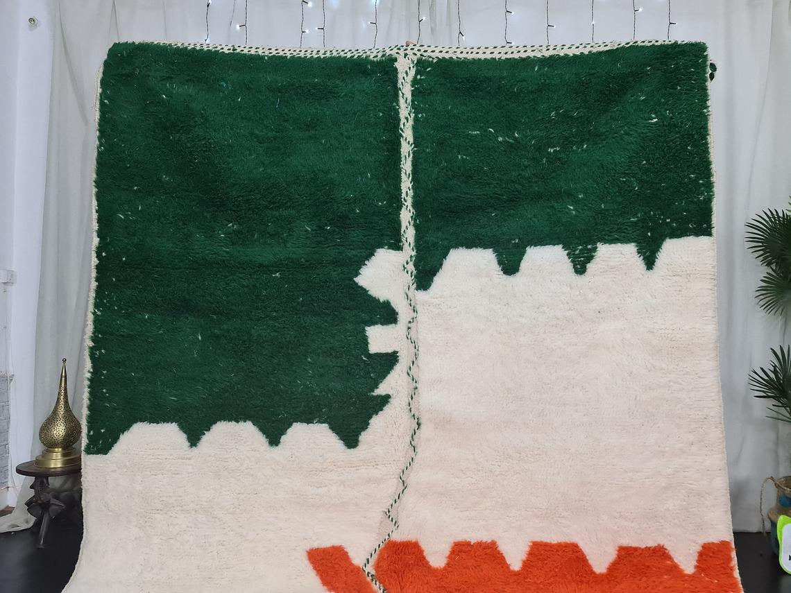 MOROCCAN HANDMADE Rug-Beni Ourain Rug-Sheep Wool Rug-Abstract Rug-White and Orange Rug-Azilal Rug- Handmade Berber Carpet-Moroccan Wool Rug.